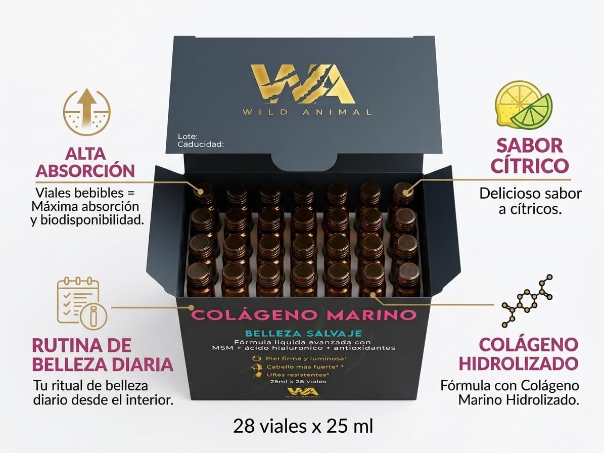 Colágeno Marino Bebible 5000 mg - Alta Dosis | 28 Viales x 25 ml | Con Ácido Hialurónico, MSM, Biotina y Vitamina C | Piel, Cabello y Uñas | Fabricado en España