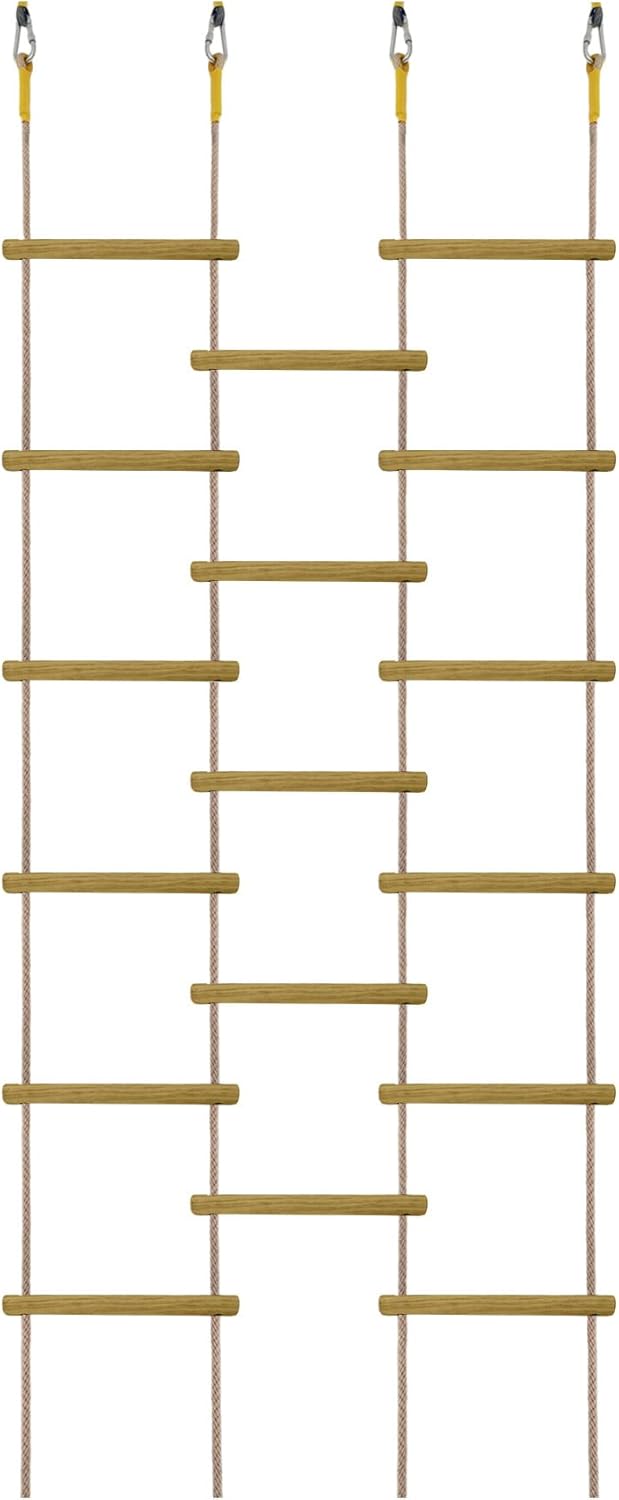 NBLOVE Rainbow Kids Wooden Rope Ladder - 14" Wide 3/4/5-Group Connect Ninja Warrior Tree Swing Climber (3-Interlinked Natural Wood Set)