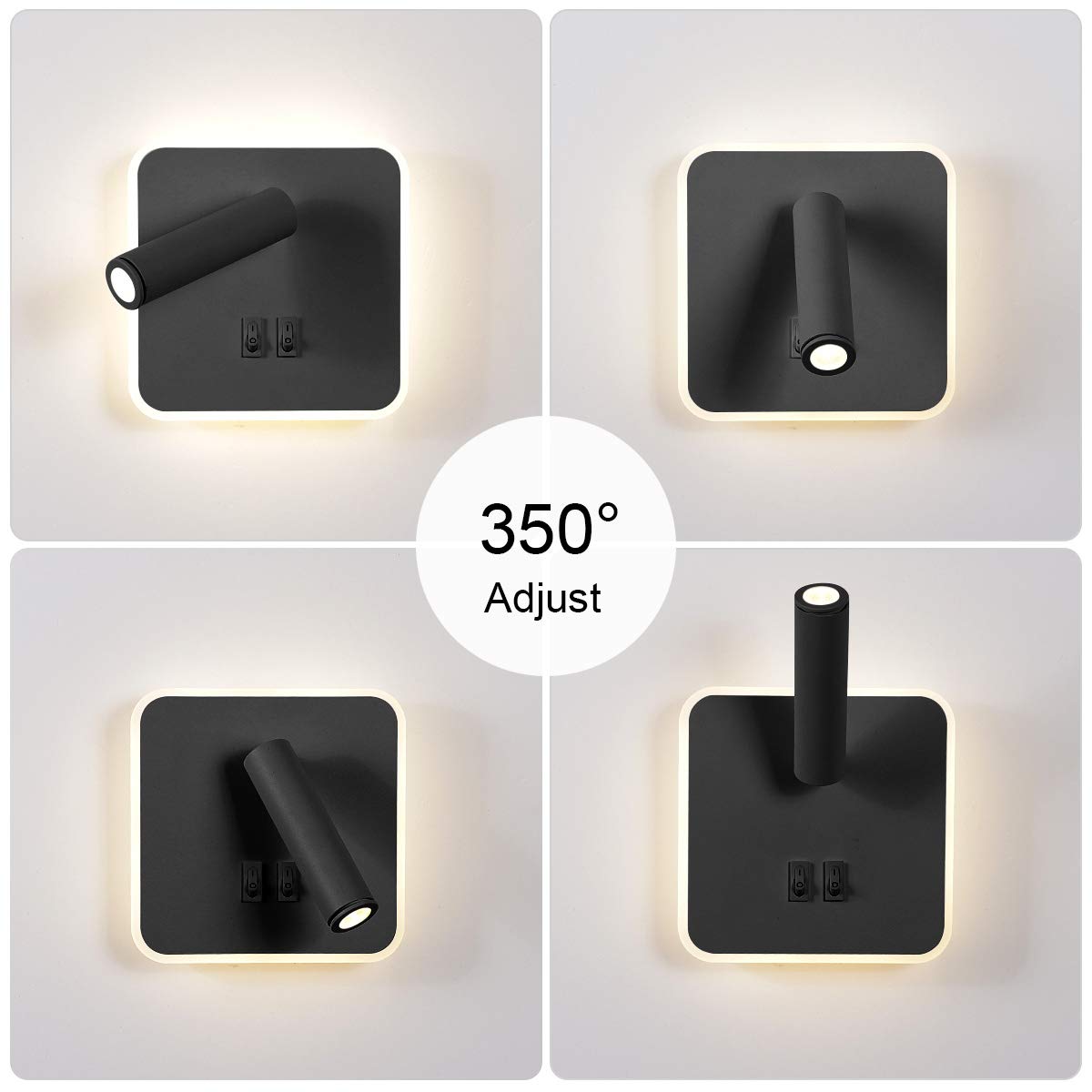 HAWEE Moderne wandlamp, led-bedlamp, leeslamp, 350 graden draaibaar, 3 W, led-wandspot met schakelaar, voor binnen, voor slaapkamer, woonkamer, studeerkamer, wit, 3000 K