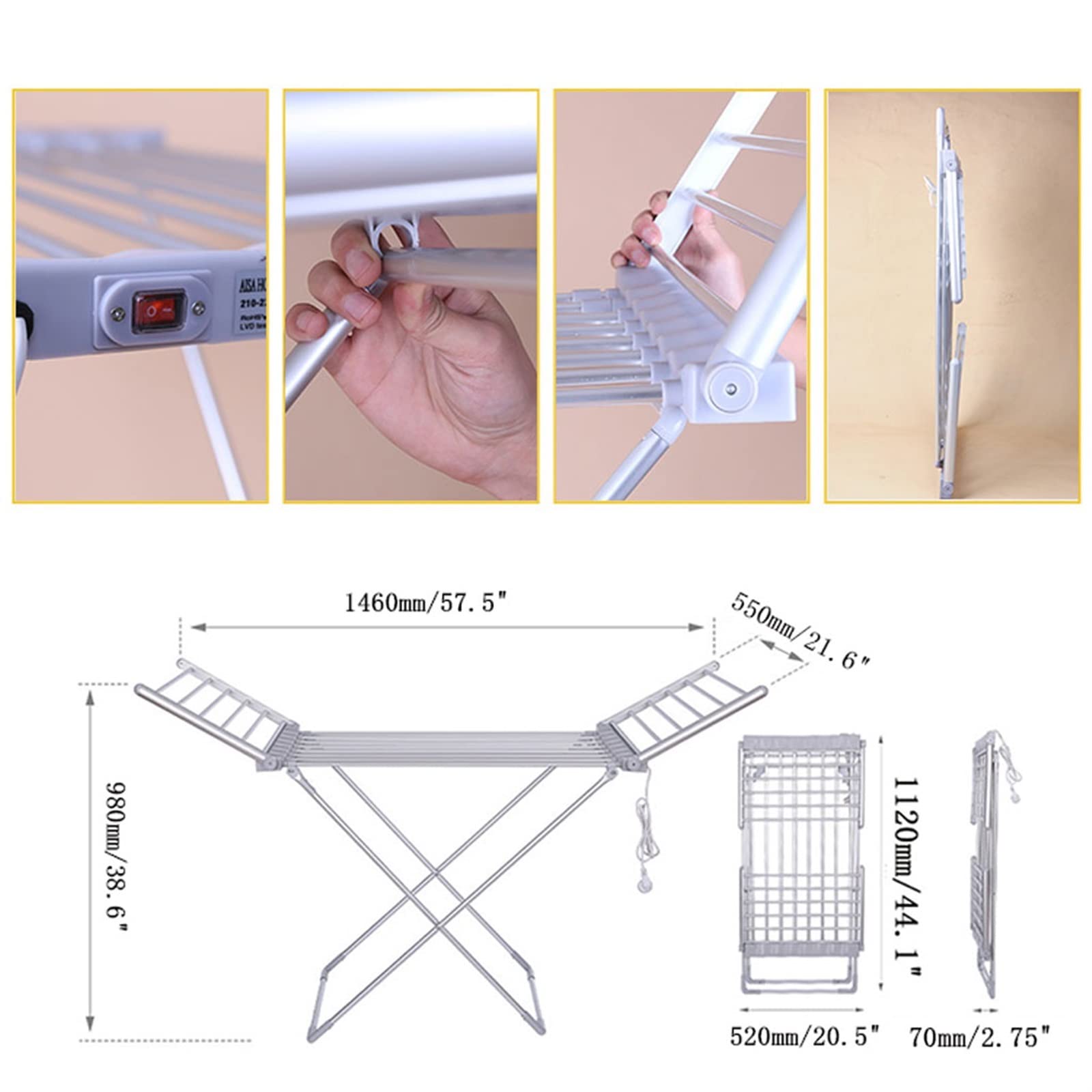 Asciugatrice elettrica riscaldata da 220 W, 18 barre riscaldate, stendibiancheria pieghevole a risparmio energetico, per una facile conservazione, risparmio energetico, alla moda Star of Light