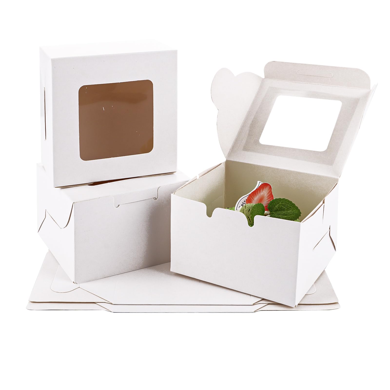 CYEER Paquete de 100 cajas para tartas, 4 x 4 x 2.5 pulgadas, cajas individuales blancas para cupcakes, pequeñas cajas para pasteles de panadería con ventana, mini cajas de dulces para porciones de