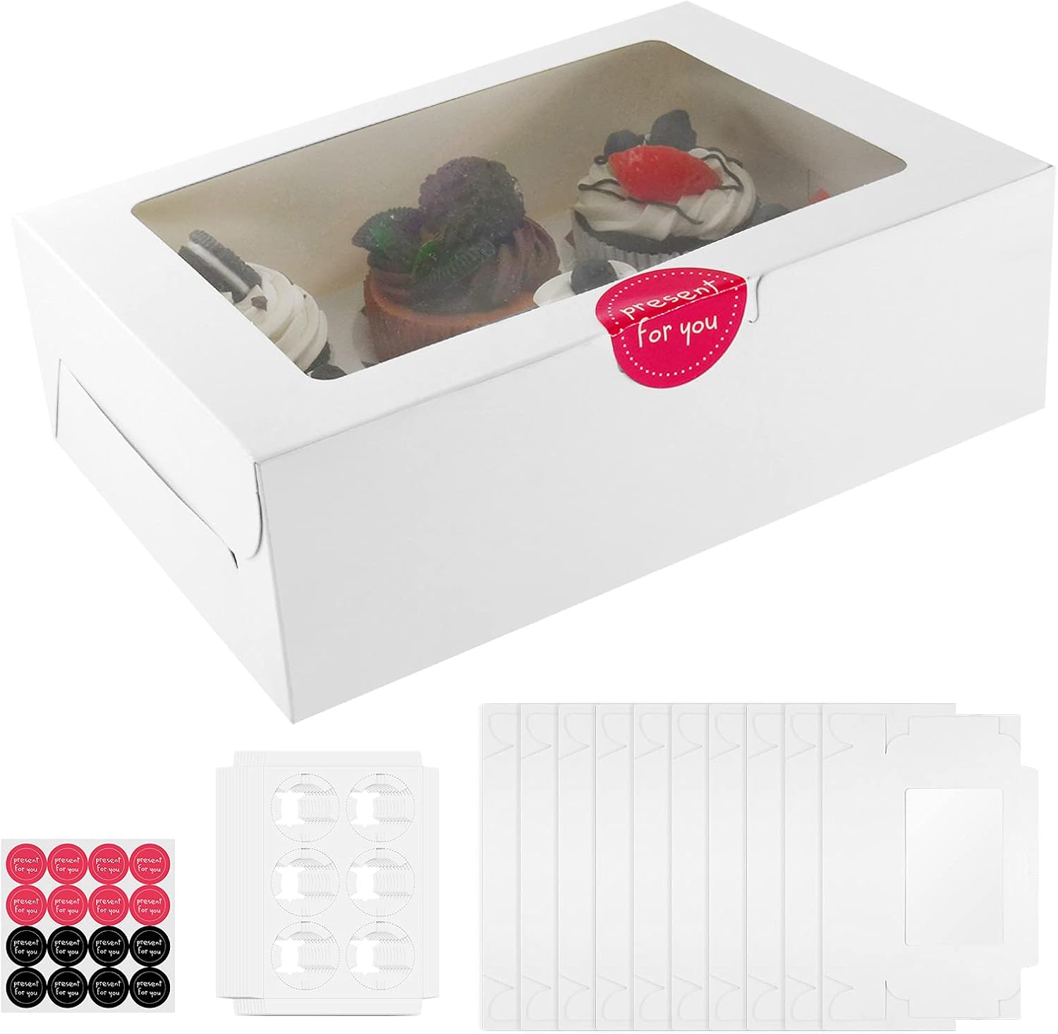 10 Pcs Cupcake Boxes, 6 Holes Cupcake Box with Window, Insert and Stickers, Tray Bake Boxes for