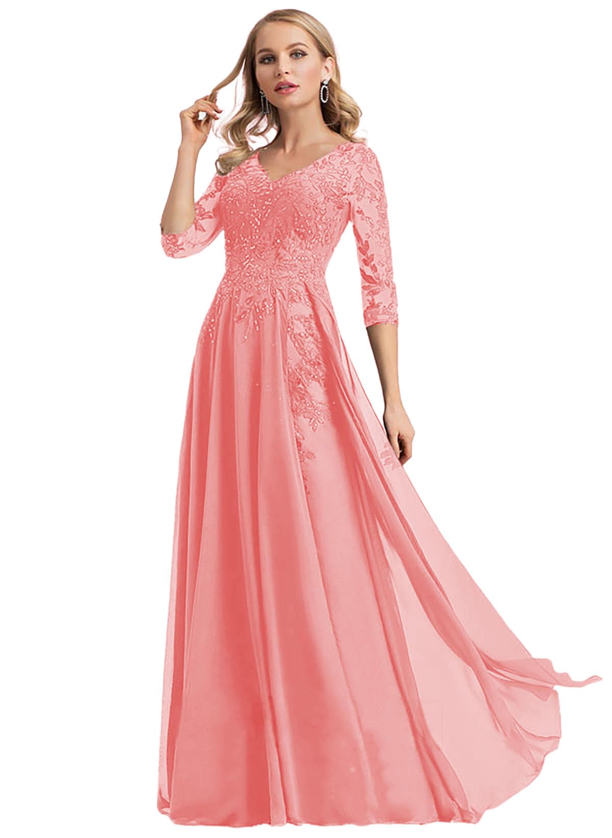 HUINI Damen Chiffon Brautmutterkleider Lange Abendkleider Elegant Für Hochzeitkleid Hochzeitsgast Damen Spitze Perlen V-Ausschnitt Abendklei