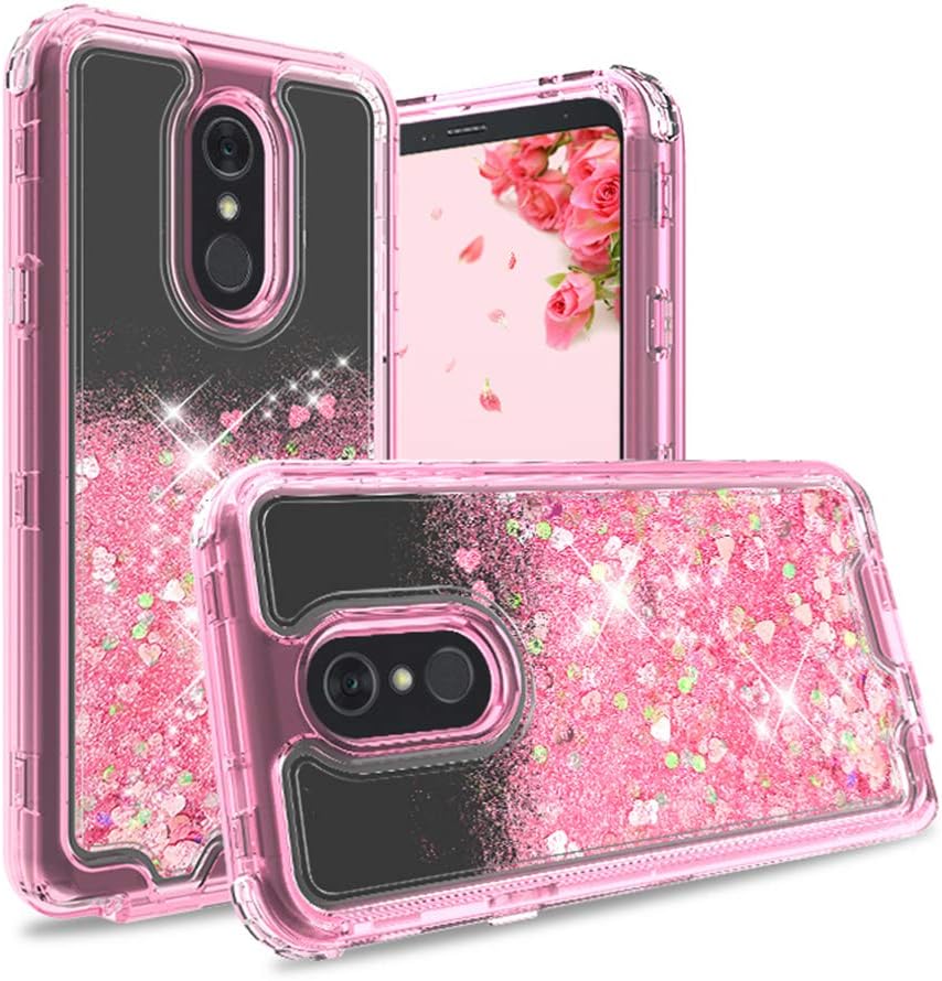 IDEA LINE LG Stylo 5 Case with Tempered Glass Screen Protector, Liquid Quicksand Floating Shiny Sparkle Flowing Diamond Crystal Case - Pink
