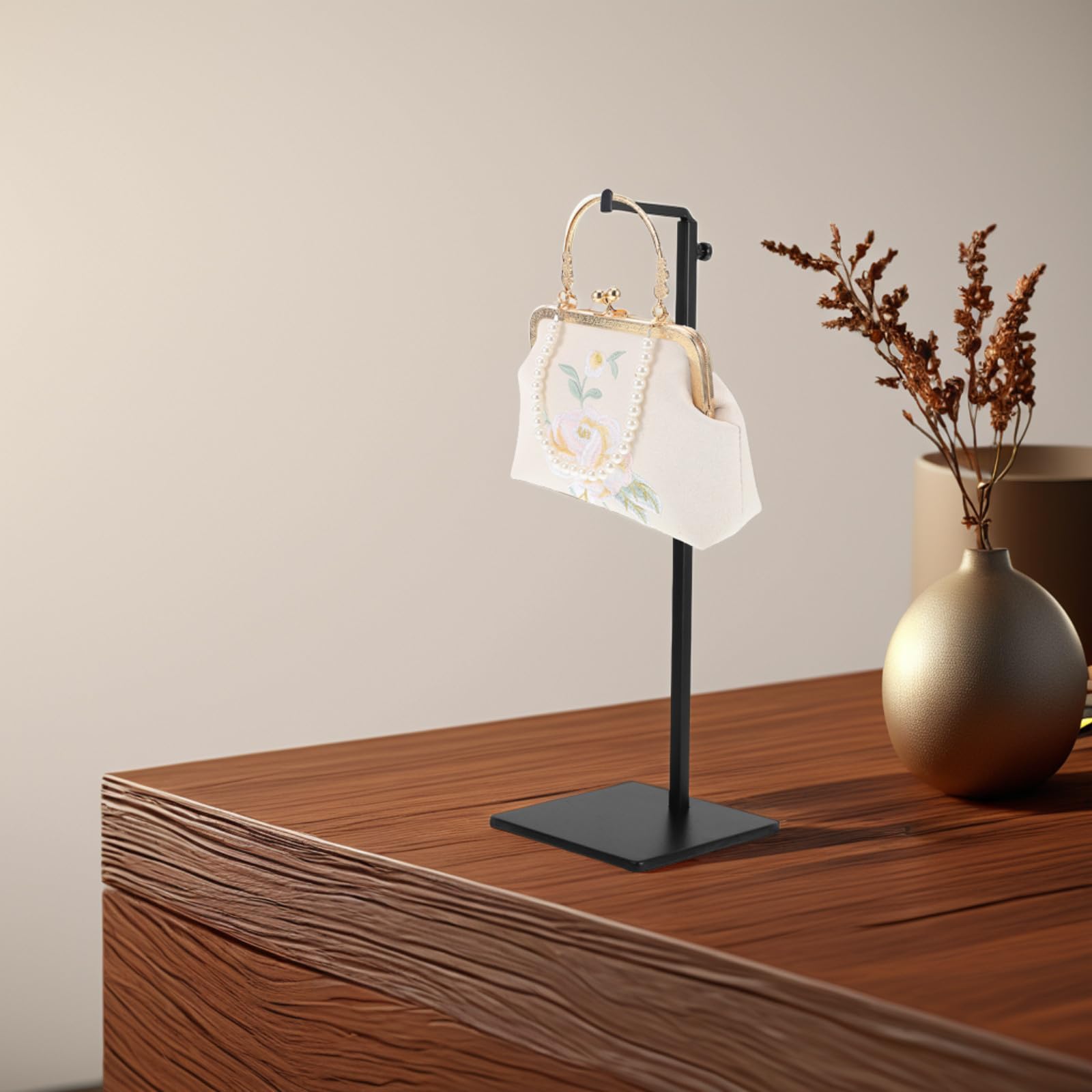 SUPVOX Expositor de Bolsos de Metal Ajustable Diseño en Forma de 7, Soporte Negro Mate para Mesa, Apto para Exhibición en Tiendas y Optimización de Espacio