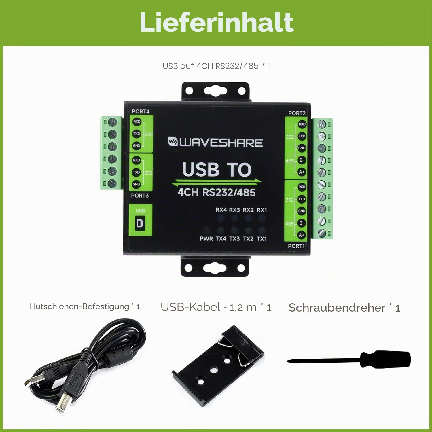 Waveshare Industrial Isolated USB to RS232/485 Converter, Original FT4232HL Chip, Supports USB to 2-Ch RS232 + 2-Ch RS232/485, Wall-Mount & Rail-Mount Support