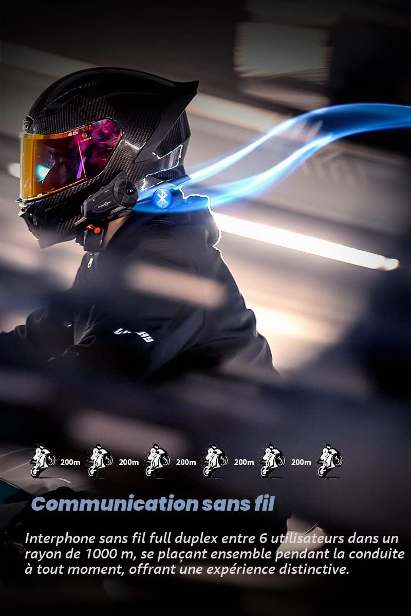 Casque de moto casque Bluetooth avec caméra,interphone FreedConn R1 Pro 6 voies 1000M,système de communication,vidéo 2K,Siri/FM/partage de musique/compatible avec d'autres marques/micro 2 en 1 (1pack)