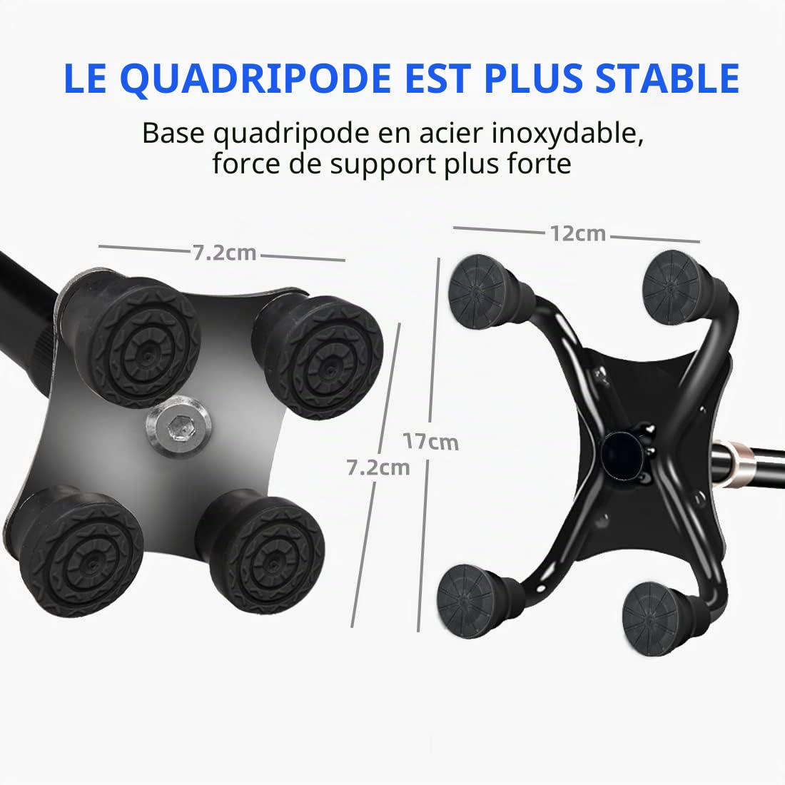 Bâtons de marche pour seniors, Bâton de marche antidérapant avec longueur réglable pour personnes âgées, avec base ultralégère à 4 pieds