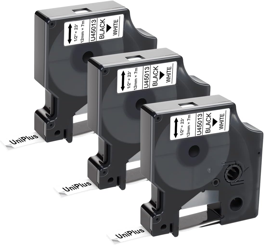 UniPlus 3X Compatible Label Replacement for D1 45013 S0720530 12mm 0.47 Tape Black on White Work with LabelManager 160 210D 220P 360D 500TS LabelPoint 150 200 450 Duo, 12mm x 7m