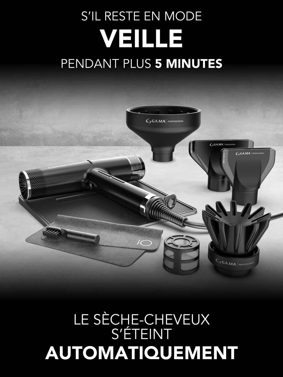 GA.MA Italy Professional, iQ3 Perfect, sèche-cheveux ultraléger avec moteur sans balais de 110 000 tr/min, technologie Stand-by et fonction Turbo, puissance 1600 W, noir
