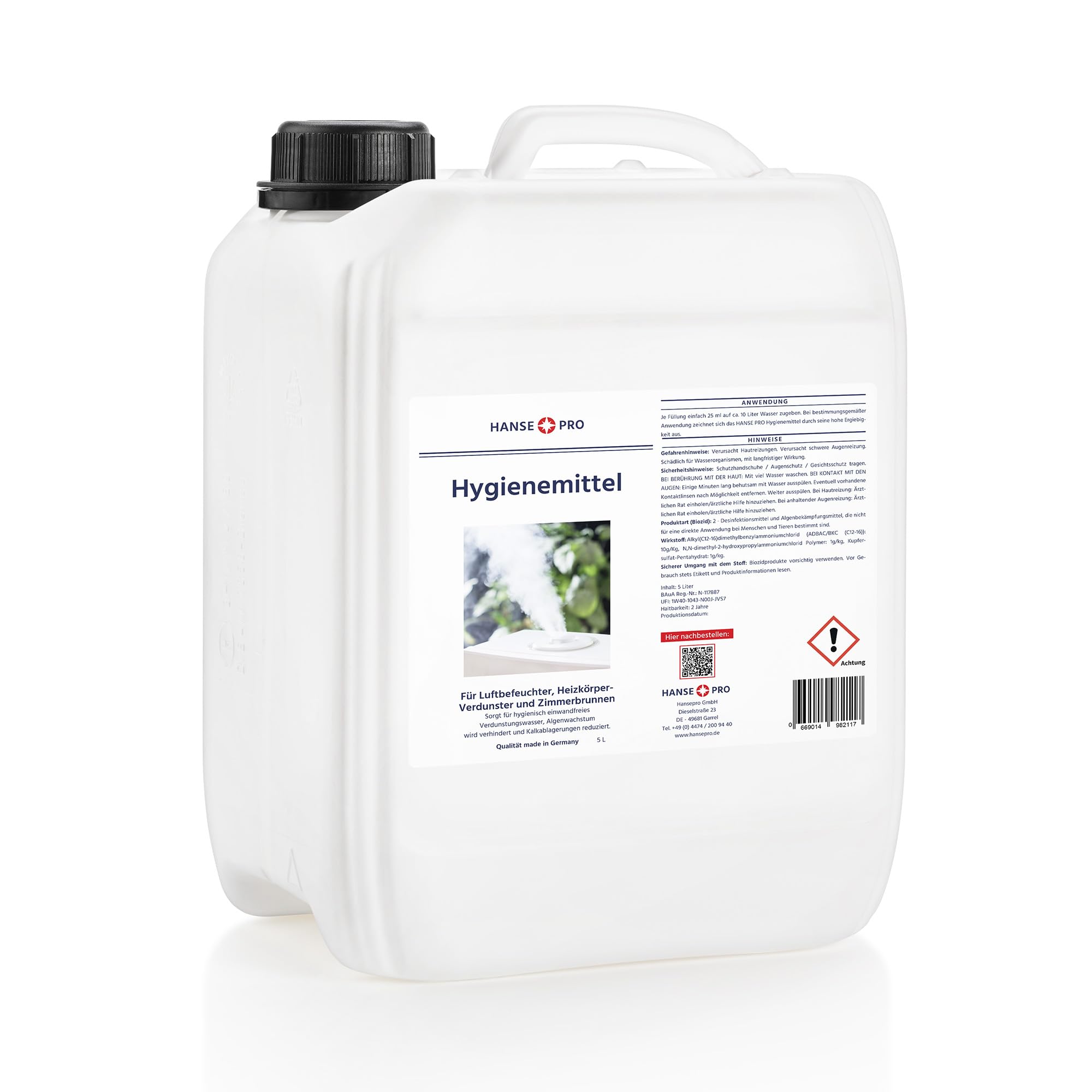 HANSE PRO Hygienemittel, 1 x 5 Liter I Konservierungs-Mittel für Luftbefeuchter, Luftreiniger, Luftwäscher, Heizkörper-Verdunster, Zimmerbrunnen I hält Verdunstwasser hygienisch einwandfrei