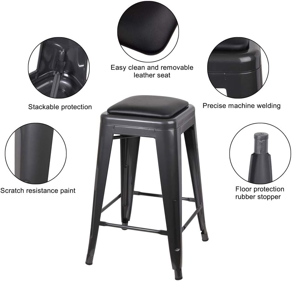 GIA 24-Inch Counter Height Backless Metal Stool with Black Vegan Leather Seat, Gun Gray, Qty of 2