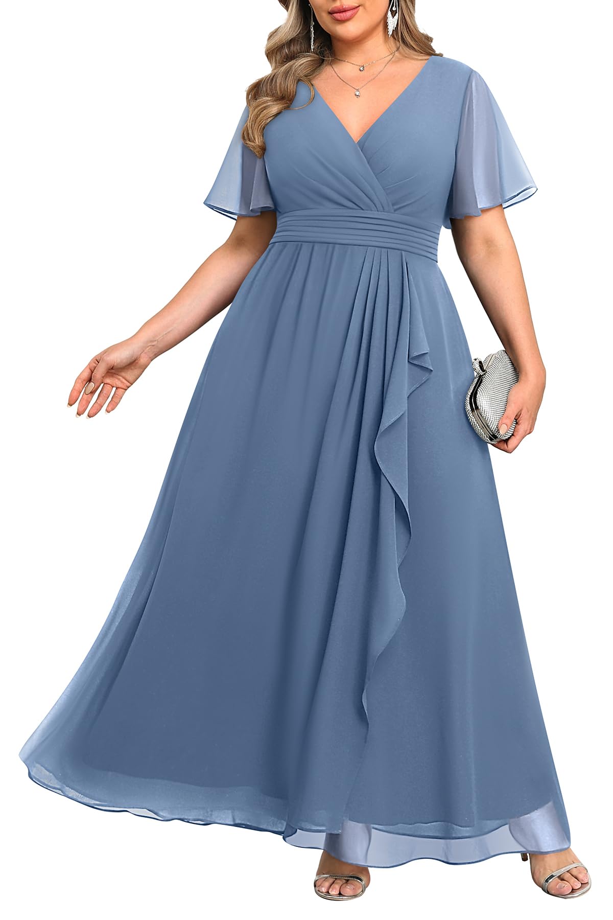 Vestidos Formales Tallas Grandes Vestido Largo de Dama de Honor, Invitada  de Boda, Prom, Chiffon, Cuello en V, Mangas Cortas con Volantes