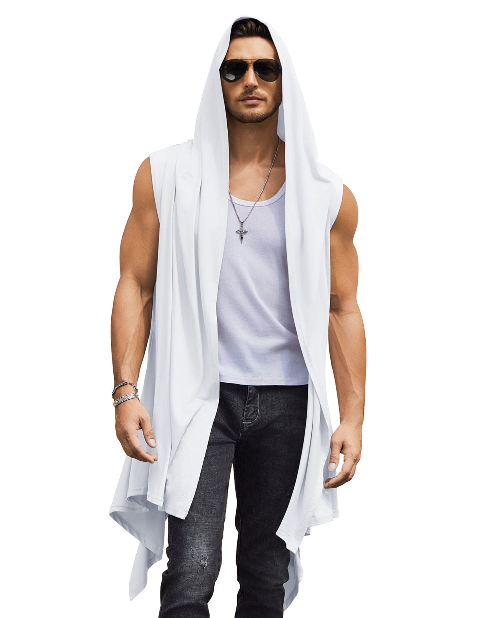 Men's Long Hooded Cardigan Sleeveless Ruffle Shawl Collar Lightweight Open Front Drape Kimono Vest-image-22