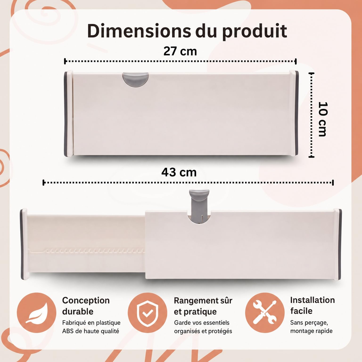 Lot de 12 séparateurs de tiroir - Réglable de 28-43 cm - En plastique - 10 cm de haut - Organiseur de tiroir pour cuisine - Chambre - Salle de bain - Bureau - Blanc