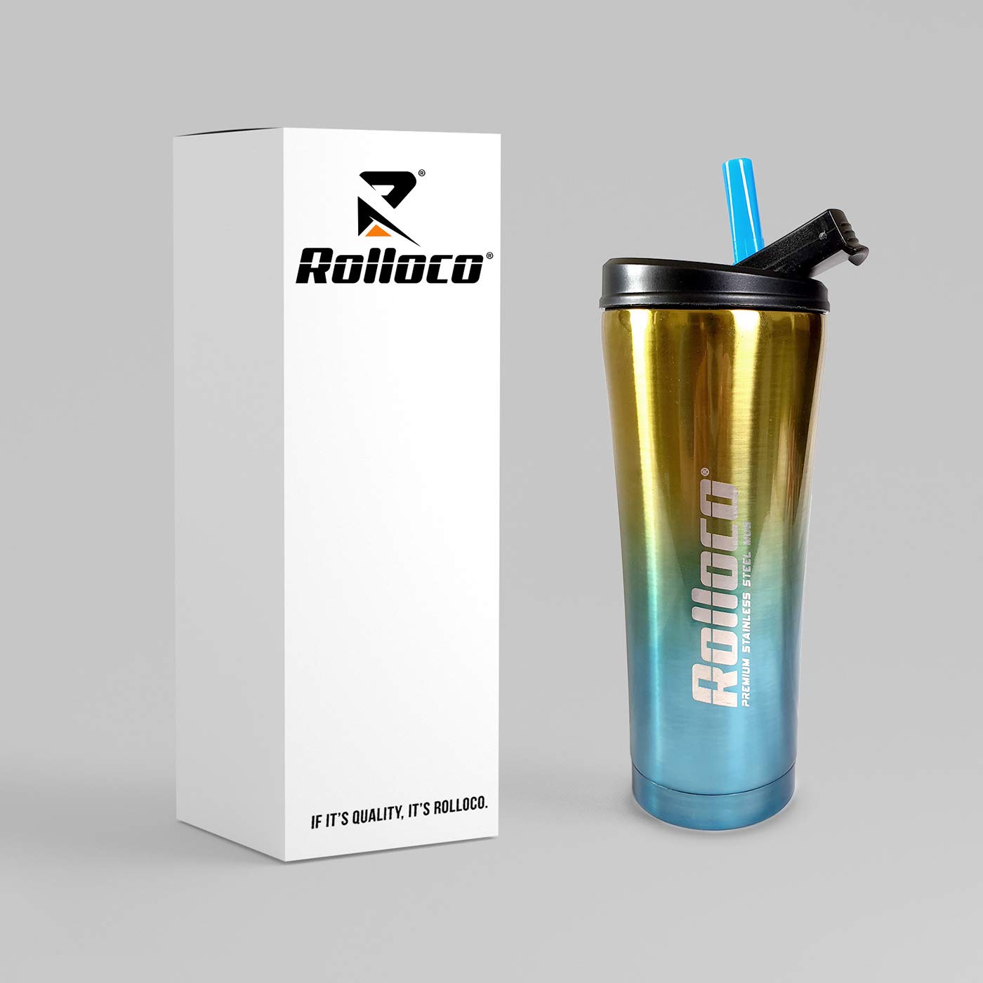 R - Rolloco Premium Double Wall Gradient Color Heat Insulation Vacuum Stainless Steel Travel Tumbler with Plastic Lid and Straw (550ml, Gold & Blue)