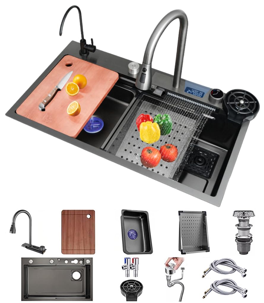 WIQUYBML Stainless Steel Kitchen Waterfall Sink Single Bowl Bar Workstation Nano Coated with Pull-Out Faucet and Cup Washer Easy to Clean (Size : 75x46x22cm)