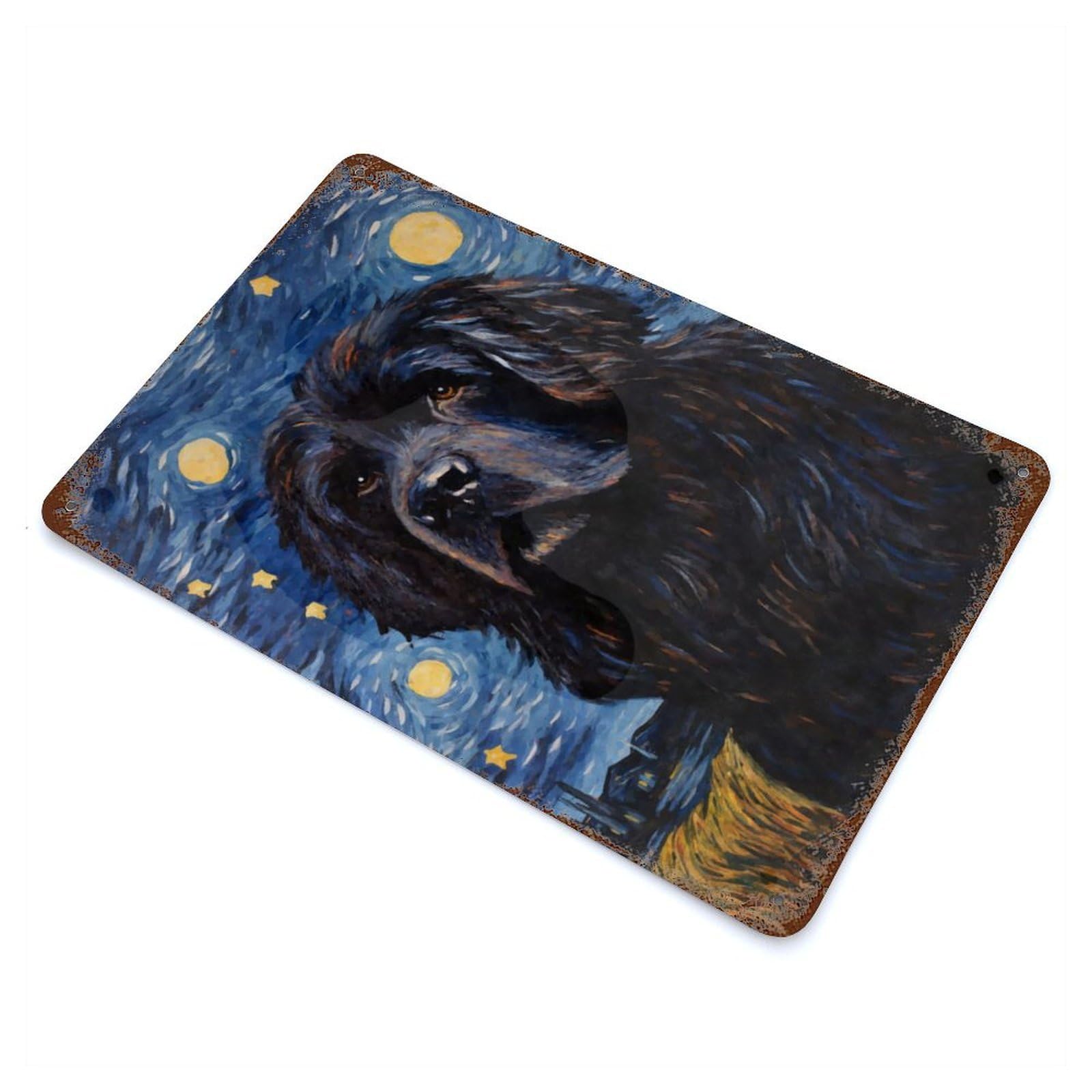 Weathered Tin Sign Newfoundland Dog Starry 11.8"x7.9", Rustic Home Decor for Bistro, Counter And Cafe Decor