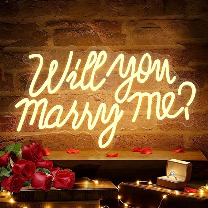 HMT Will You Marry Me Neon Sign Warm White LED Marry Me Light for Proposal Engagement Wedding Party Backdrop Wall Decor 19.7x11.8 Inch USB Powered Romantic Sign