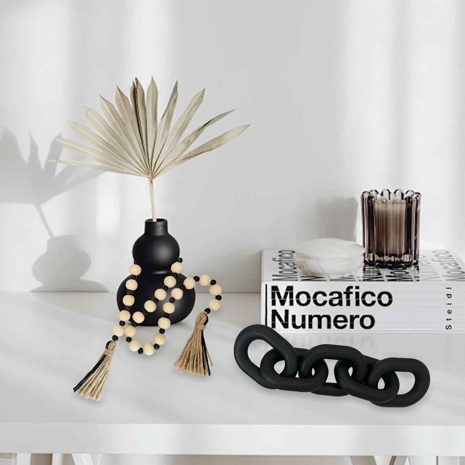 2 Pieces Decorative 5 Link Wooden Chain Decor and Bead Boho Farmhouse Rustic Home Table Decor Coffee Table Shelf Aesthetic Modern Bookshelf Table Wooden Decortion (Black) - Image 6