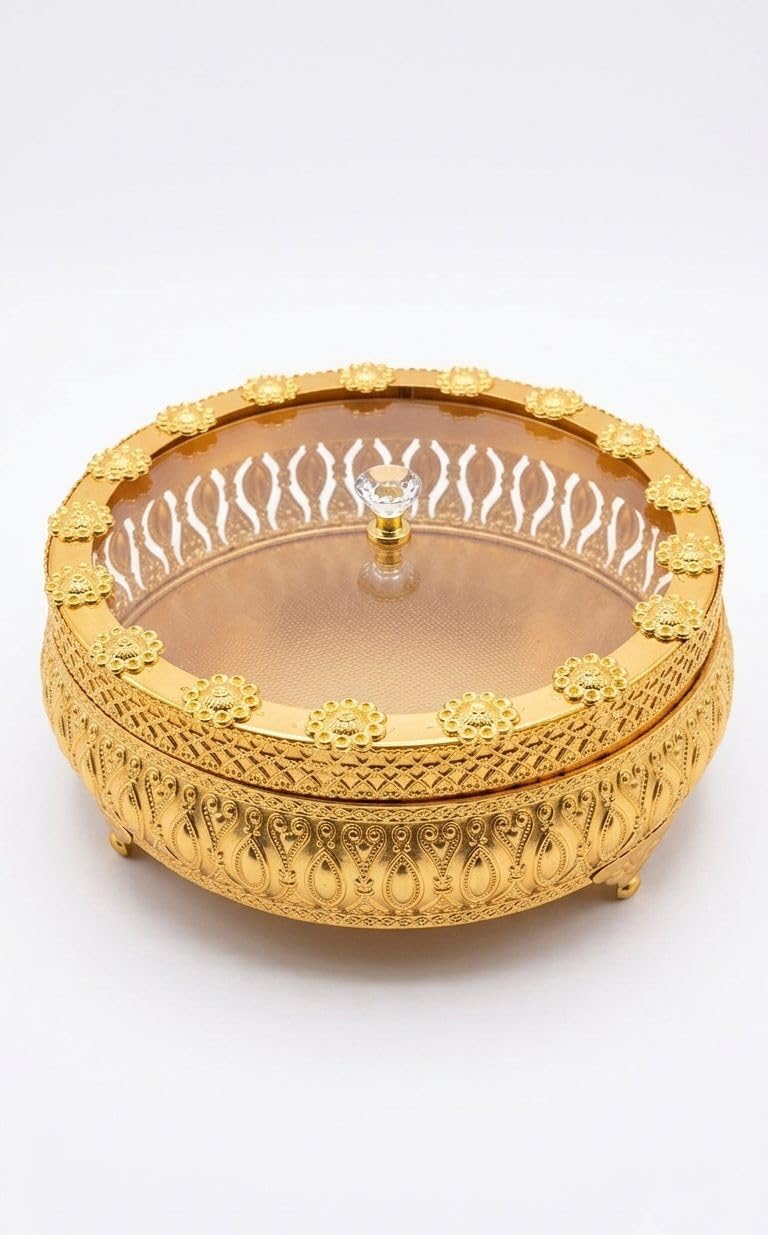 Elegant Gold Decorative Serving Box with Clear Lid & Crystal Knob – 8x8x4.5 Inch Luxury Round Dry Fruit, Candy, and Jewelry Fruit Serving for Wedding, Holiday, and Home Decor-image-39