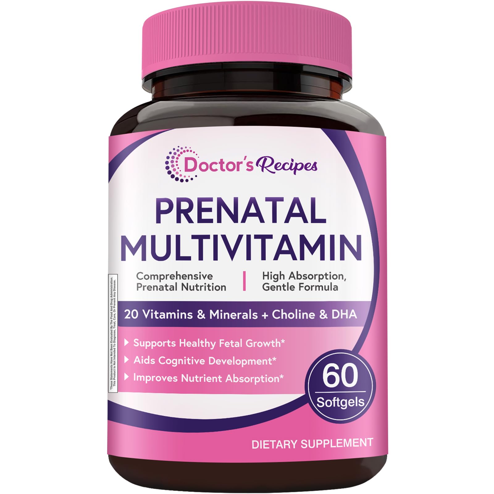 Doctor's Recipes Prenatal Multivitamin with DHA & Folate (L-5-MTHF) for Expecting & Planning Moms, Gentle Comprehensive Nutrient Support, 60 Softgels