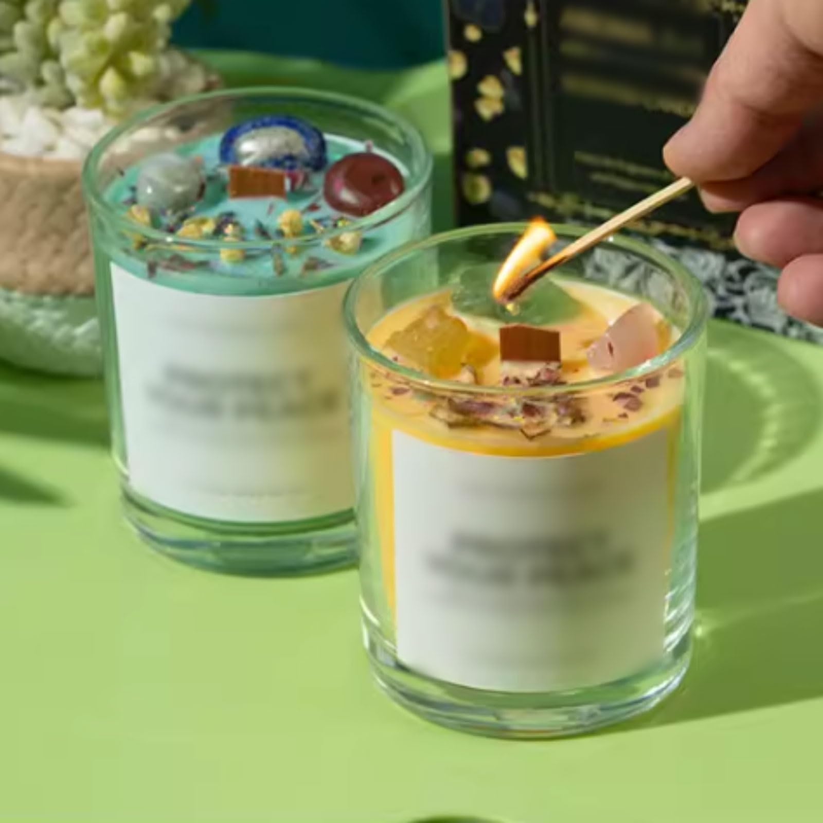 Compacto Velas de vidrio, velas en tarro reutilizables con cristales y flores secas, vela de soja Natural, vela de aromaterapia de larga duración no es picante(Lila)
