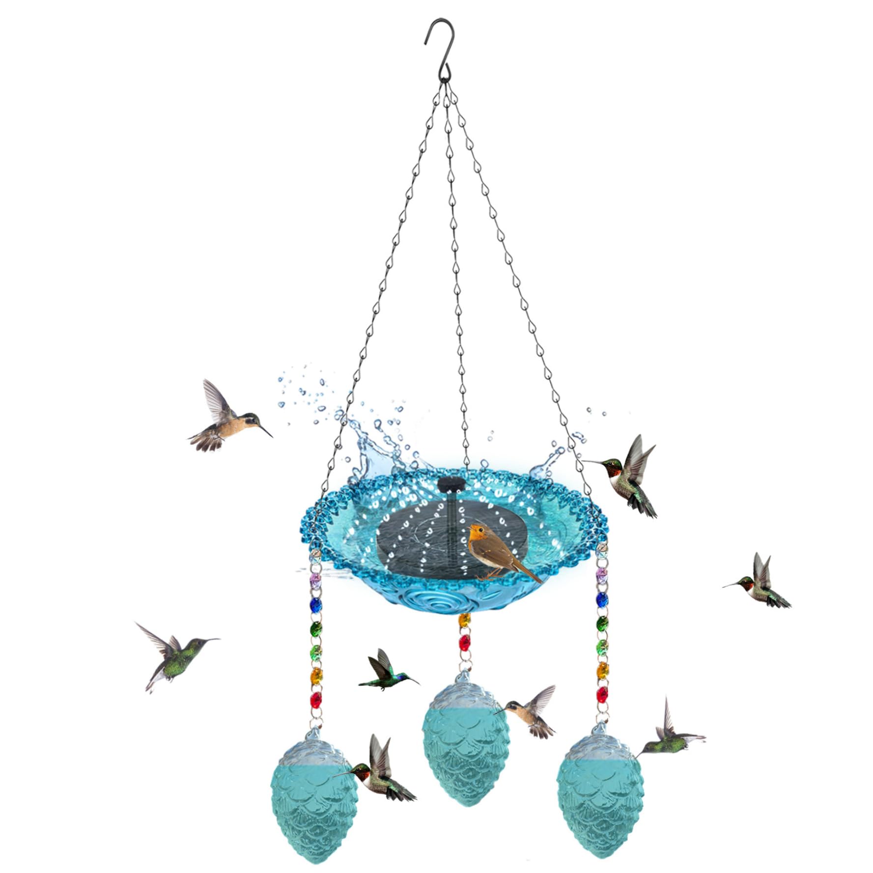 Baño para pájaros colgante con fuente solar, baño para pájaros al aire libre 2 en 1 para exterior con bomba de energía solar, cuenco de vidrio y decoración de piña, adorno de jardín azul de 27, 56 pul