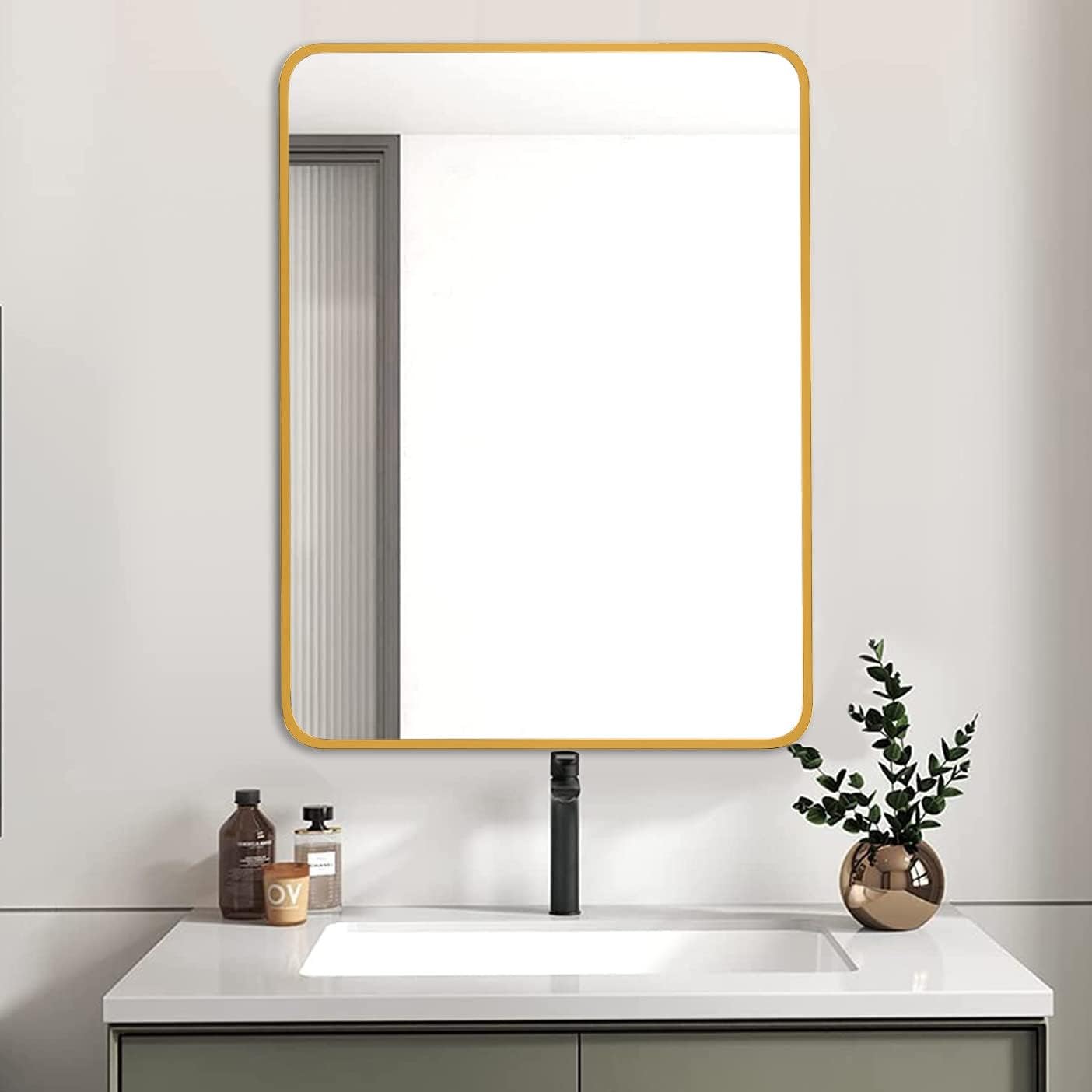 FRITHJILL Modern Metal Framed Bathroom Mirror 24x32 Inch - HD Glass Wall Mirror with Anti-Rust Aluminum Frame, Shatterproof Design for Bedroom, Living Room & Entryway, Gold