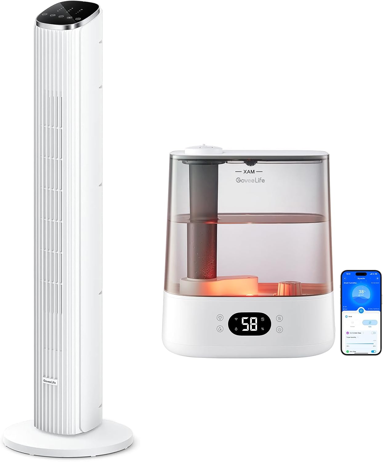 GoveeLife White Tower Fan for Bedroom H7106 bundle Smart Humidifiers for Bedroom H7149