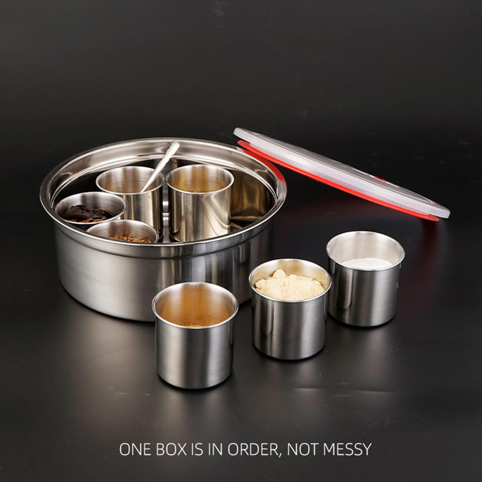 Recipiente de Acero Inoxidable de 7 Rejillas para Juego de Especias, Tarro de Especias Redondo de 25 cm con Tapa Transparente, Caja Organizadora de Condimentos de Cocina con Cuchara para Condimentos