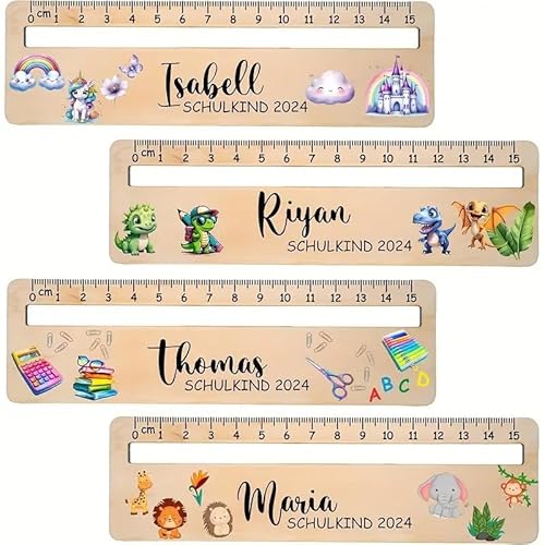 Kikone Regla personalizada, regla de madera de 20 cm con nombre personalizable, múltiples estilos, colores y fuentes disponibles, ideal como regalo de vuelta al cole para niños, compañeros y maestros