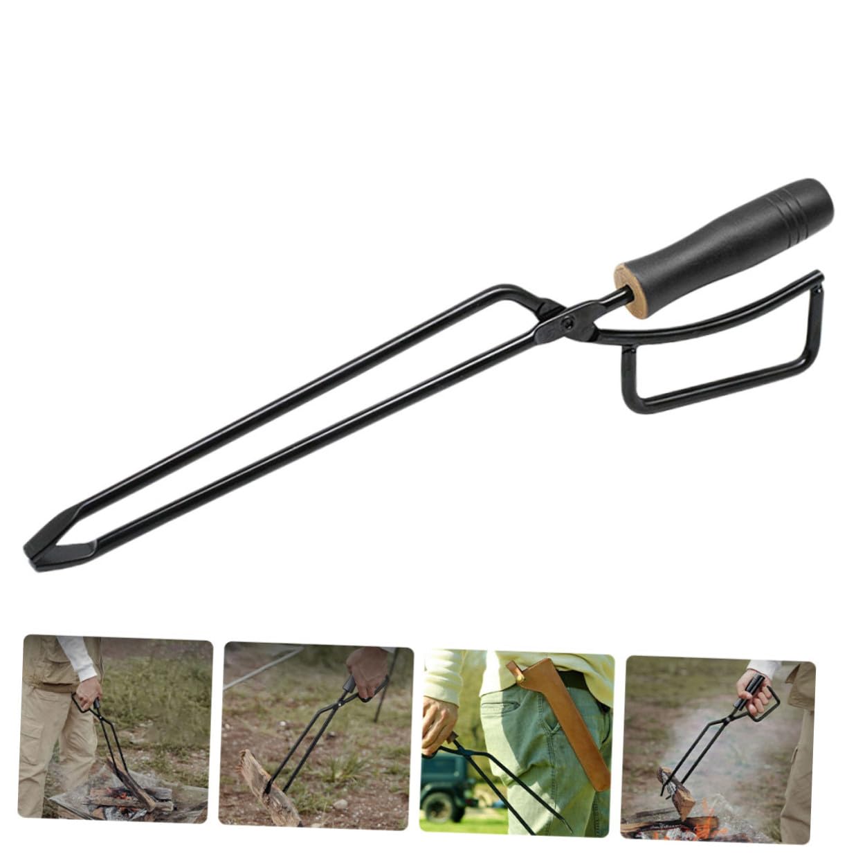 Pinzas de carbón de hierro con mango largo de madera para barbacoa y camping, herramienta de parrilla extendida antideslizante para hoguera y chimenea, accesorio perfecto para cocinar al aire libre