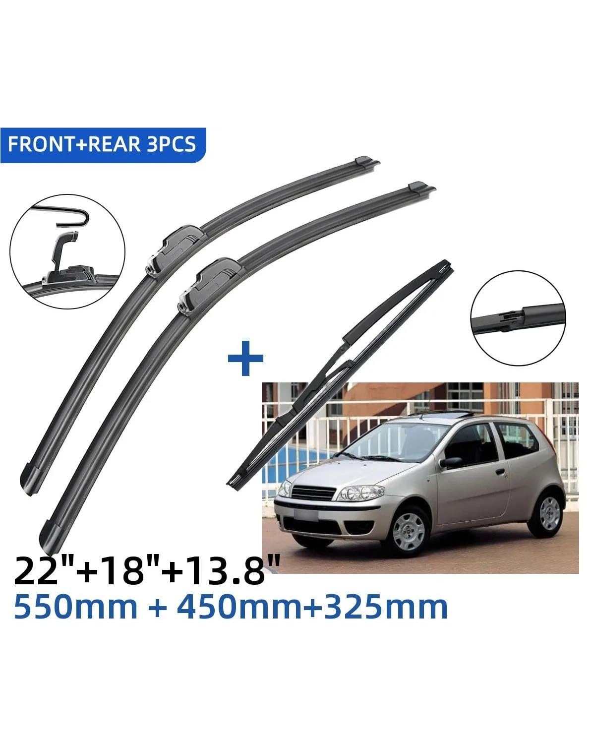 Kit Tergicristalli 3-in-1 Compatibile con Fiat Punto 188 (1999-2005) | Anteriore 22"+18" + Posteriore 14" | Silenzioso