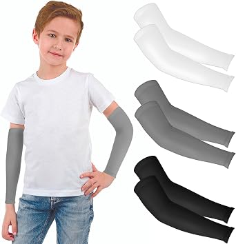 3 Pairs Kids Arm Sleeves, UV Sun Protection Arm Sleeves for Men Women Upf 50 Compression Cooling Sleeves Outdoor Sport Breathable Elastic Ice Sleeve for Youth Boys Girls Sports Black White Grey