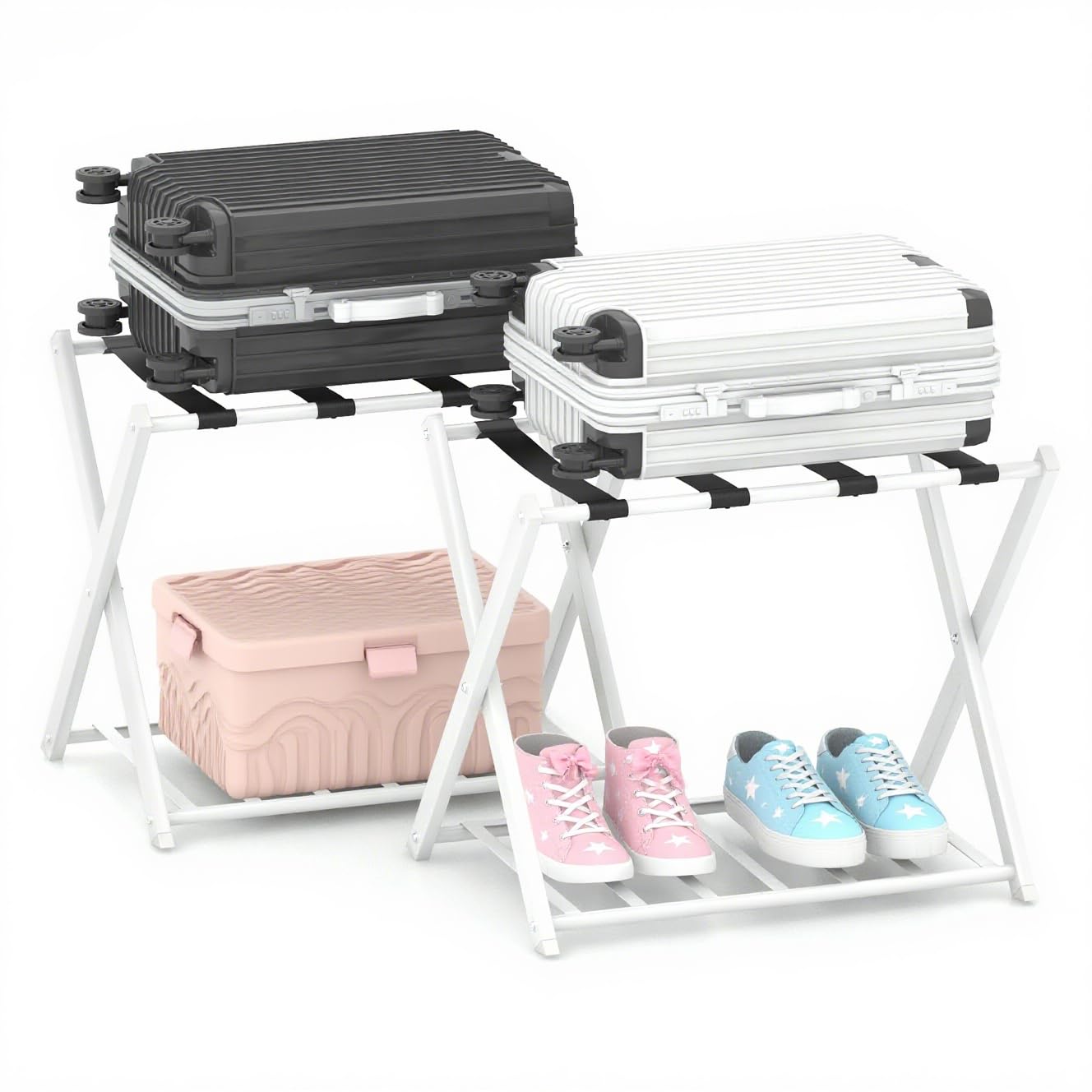 SOARS Lot de 2 Porte-Valises Pliants en Métal, 68 x 45 x 57 cm, Porte Bagages avec 2 Étagères, Robuste pour Chambre, Hôtel, Charge 80 kg (Blanc)