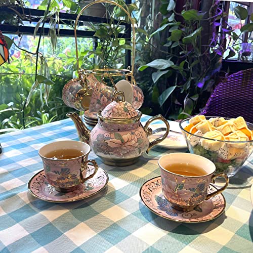 20 Pieces Porcelain Tea Set With Metal Holder, European Ceramic Tea Set For Adults,Flower Tea Set,Tea Set For Women With Flower Painting (Large Version, Pink) #TOP3