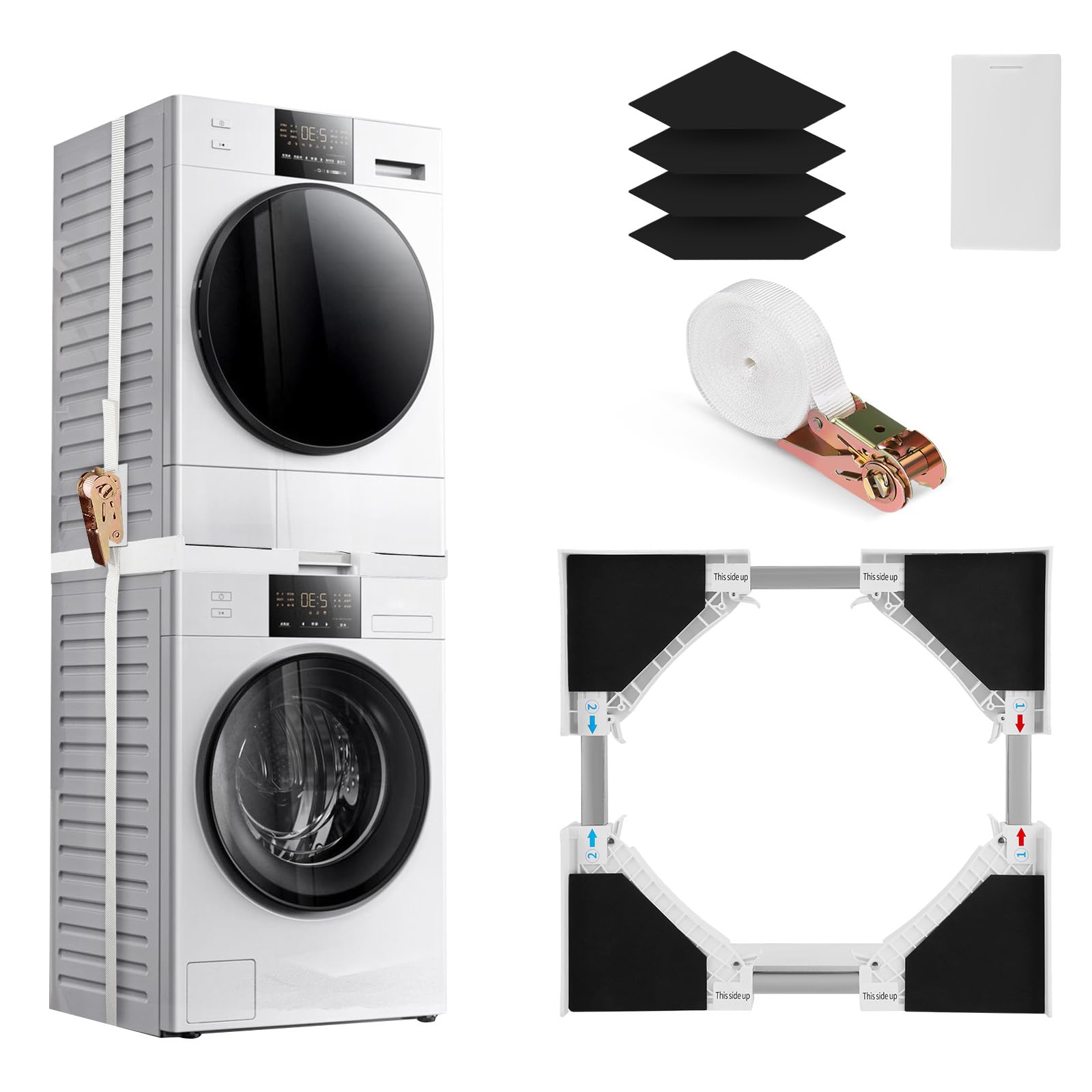 Kit de Apilamiento Universal para Lavadoras y Secadoras, Kit de Unión Universal con Cuerda de Trinquete, Soporte Secadora Sobre Lavadora, Marco Intermedio Universal Extensible, 50-70 cm