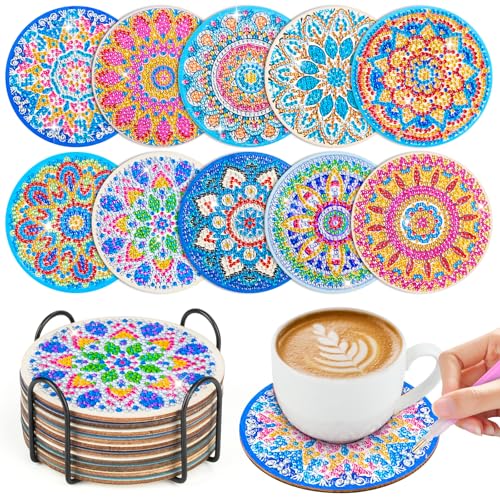 10 STK Diamond Painting Untersetzer Mit Halter, Diamant Tassenuntersetzer, Diamond Painting Erwachsene zum Basteln, DIY 5D Mandala Untersetzer rutschfest für Anfänger, Erwachsene & Kinder（F）