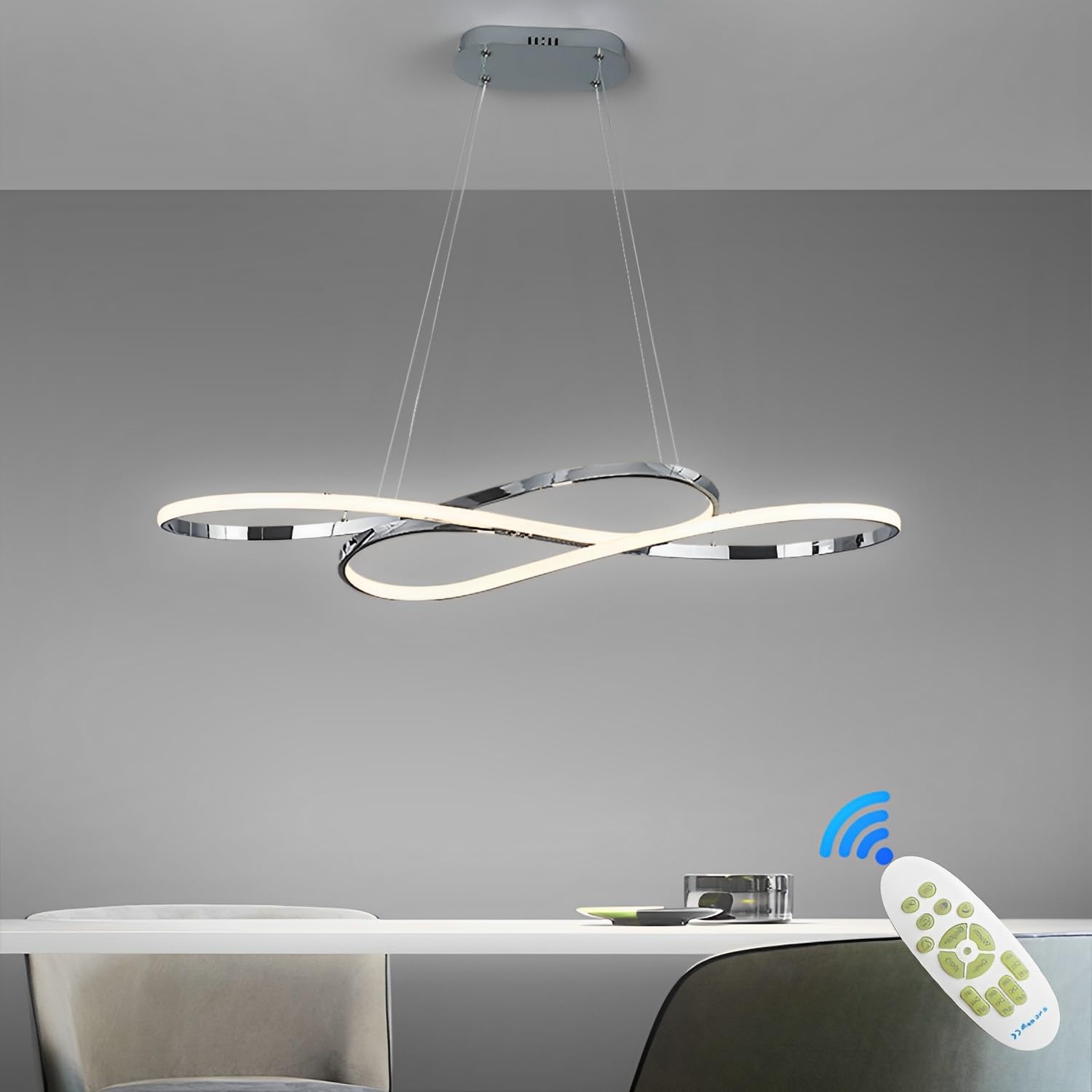 57W Lampada a Sospensione LED, Design Surround Doppio 8, Cromato | Lampadario LED Dimmerabile, Plafoniera con Telecomando, Lampadari Altezza Regolabile, Per Tavolo da Pranzo, Soggiorno, Cucina