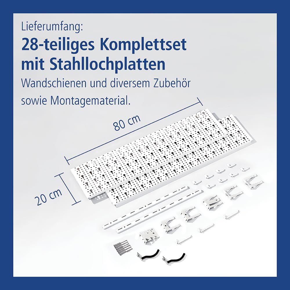 DIY Element System HEIMWERKER ORGANIZER 1 – Metall-Werkzeugwand mit verschiedenen Halterungen, ideal für Heimwerkstatt – 2 Stahl-Lochplatten 800 x 200 mm, weiß