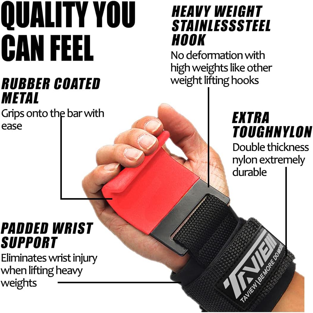 TAVIEW Weight Lifting Hooks Heavy Duty Wrist Straps for Pull Ups, Deadlift, Power Lifting - Padded Workout Grips for Weightlifting - Gym Gloves for Men and Women