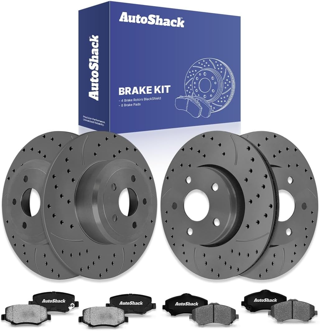 AutoShack Front Vented & Rear Solid Drilled & Slotted Coated Brake Rotors Black Matte Finish + Ceramic Pads 12-PC Brake Kit Replacement for 2007-2017 Jeep Wrangler 2018 Jeep Wrangler JK BlackShield