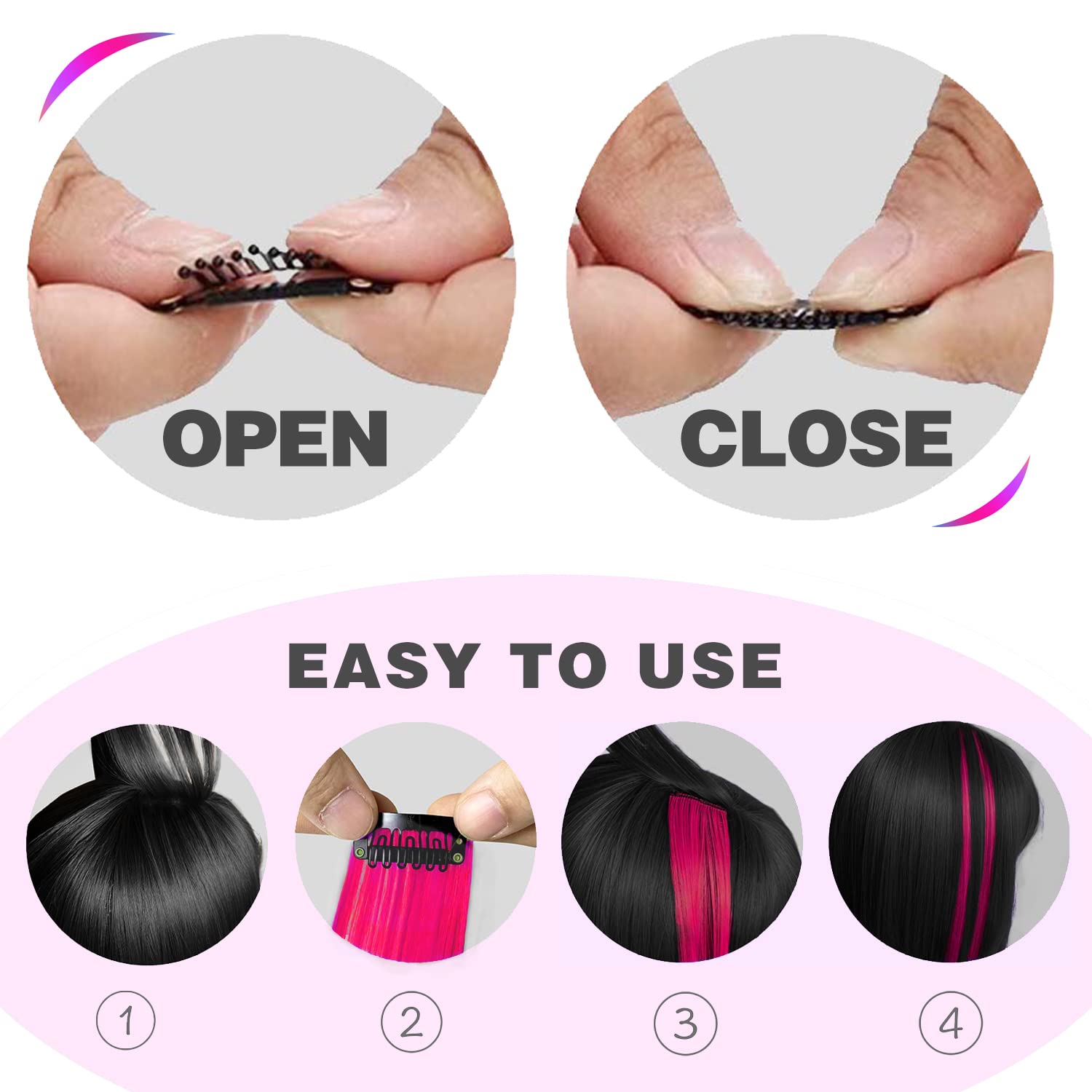 12 extensiones de cabello con clip, color rosa intenso, extensiones rizadas y onduladas de color para niños y niñas, extensión sintética con reflejos para fiestas, 17 pulgadas 4