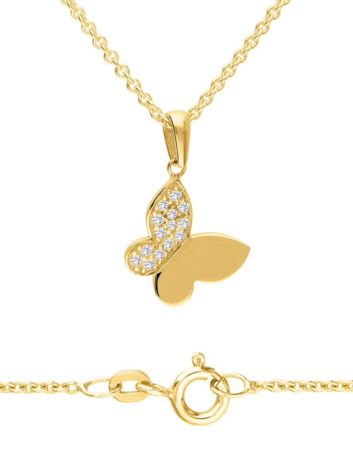 My Gold Damen Mädchen Schmetterling Kette & Anhänger Echtes Gelbgold 375/750 Gold (9/18 Karat) Mit Zirkonia Halskette 45cm Golden Butterfly Set