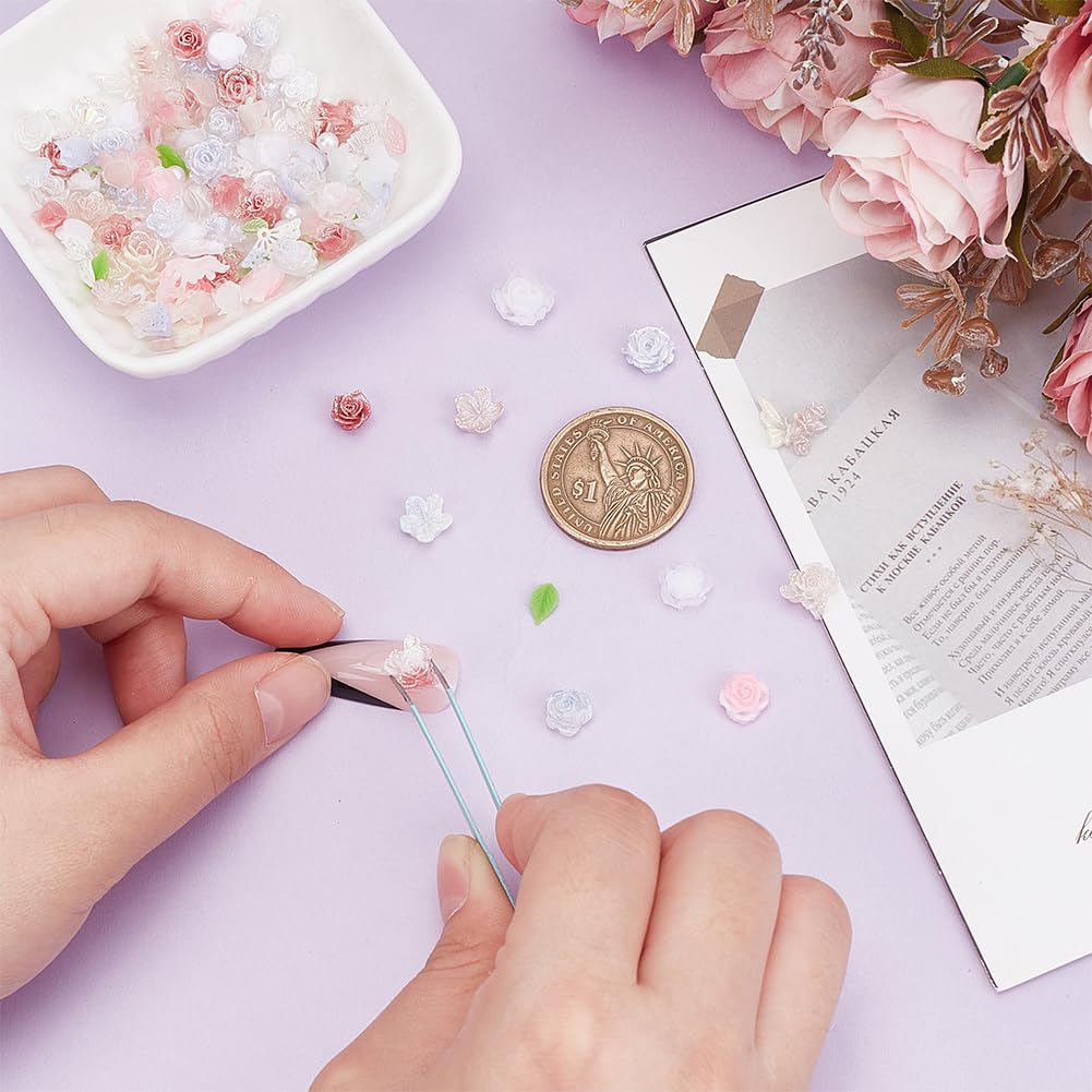 arricraft 250 pcs Décoration de Cabochons pour Ongles en Forme de Rose 5 Styles Fleur Résine Cabochons Remplisseurs Dos Plat Nail Art Décoration pour Femmes DIY Téléphone Mariage Décor Nail Art