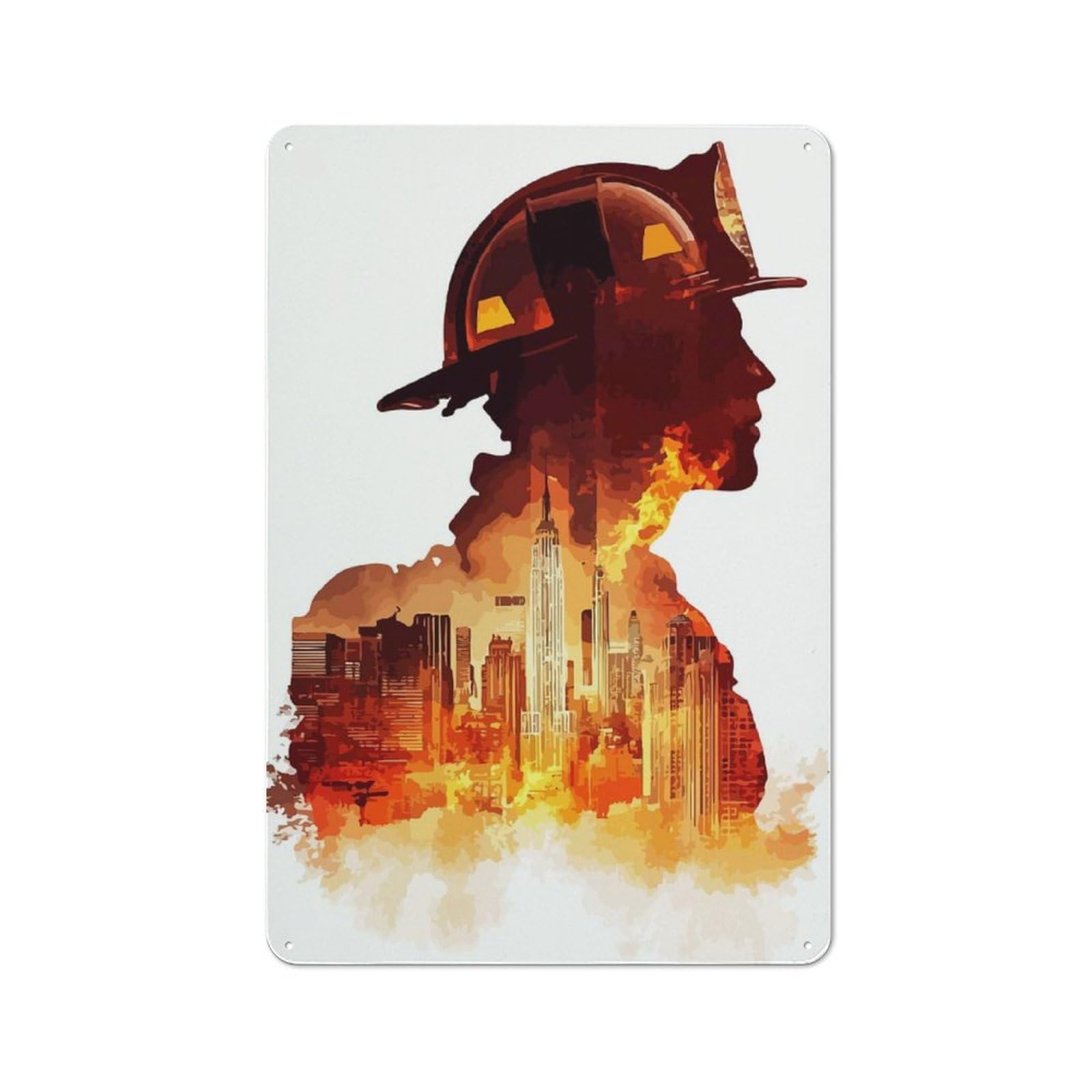 Junmoney Firefighter Silhouette Cityscape Cottage Style Metal Wall Decor 30X20cm, Farmhouse Metal Sign For Farmhouse Kitchen, Pantry Or Dining Area