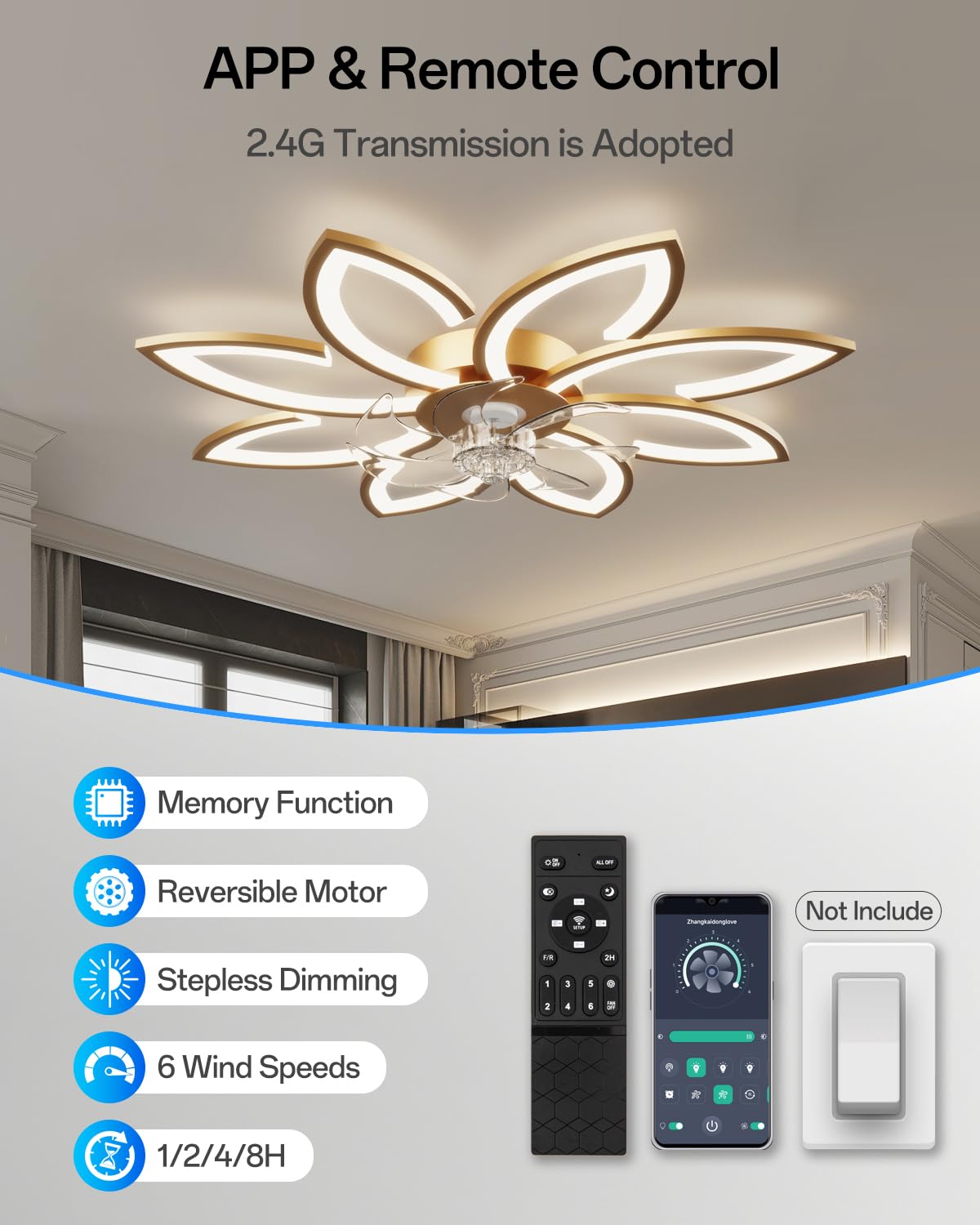 90 cm Lampadario Ventilatore da Soffitto Con Telecomando Led Dimmerabile Pale da Soffitto Design DC Plafoniera Fiore Led Reversibile 6 Velocità Lampadari a Ventola per Camera da Letto Cucina,Oro