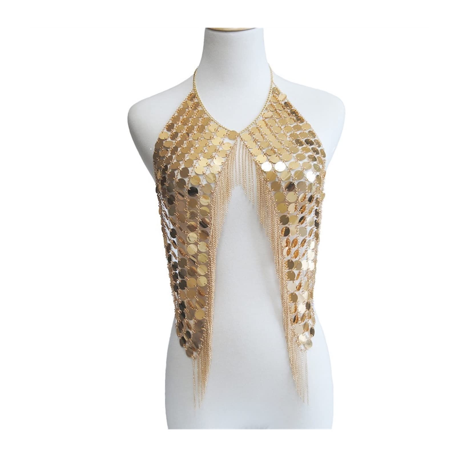 KLXSIVU Body Chain Sexy Metal Sequins Tassel Harness Necklace Bra Women Bikini Alloy Belly Waist (one Color Goud Color)