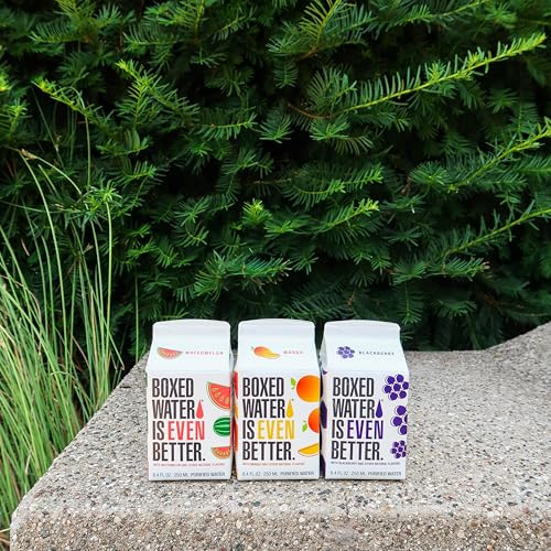 Image of Mango Boxed Water 8.5 oz. (24 Pack) - Better Than Premium Plastic, BPA-Free, Refillable Cartons, Sustainable Alternative, Mini Carton for Kids, Lunchbox Ready